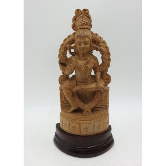 Hand-Carved Wooden Indian Statue With Intricate Detailing and Dark Base 9" Tall - Picture 2 of 11